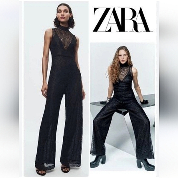 Zara Lace Jumpsuit Wide Black Size XS - Picture 2 of 15